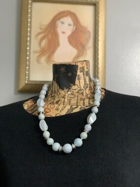 Textured Light Blue Beaded Necklace with Silver Saucer Spacers- Women Jewelry